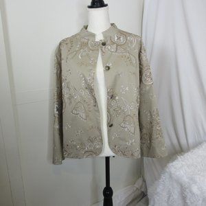 Chico's Evening Jacket Tan Brown Embroidered Gold Metallic Coat Size 3 XL